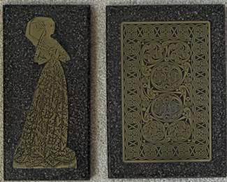 Brass rubbing of Lady Margaret Peyton and Celtic scroll printer plaque
