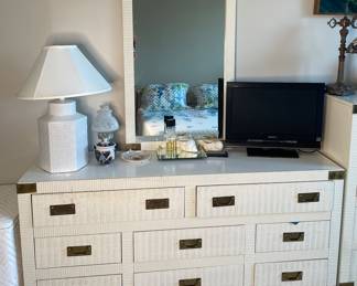 Lea Hollywood Regency campaign style wicker & brass long dresser and mirror