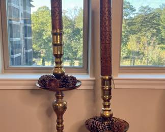 Large etched brass floor candlesticks & wood carved candles