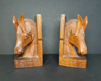 Carved wood horse head bookends