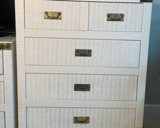 Lea Hollywood Regency campaign style wicker & brass tall dresser