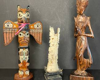 Carved statues - Alaska Black Diamond totem pole signed Patrick Seale, carved bone Hindu totem on stand & Balinese figure