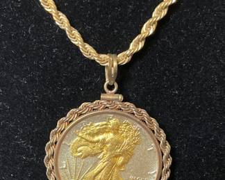 Vintage 12k Walking Liberty coin pendant on rope chain
