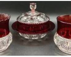 Antique Triffin Francisan King's Crown Ruby Celery Vase, Covered Butter Dish and Sugar Bowl - Glows Under 365nm wavelength blacklight