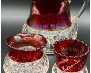 Antique Triffin Francisan King's Crown Thumbprint Ruby Red Creamer 4.75" x 5" , Open Sugar 2.25' X 2.5" and Toothpick Holder 2" x 2.25" - Glows Under 365nm wavelength blacklight
