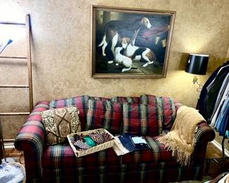 FUN PLAID SLEEPER SOFA AND DOG ART.