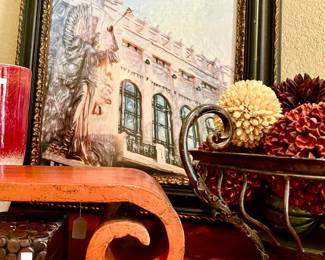 BASS HALL LITHOGRAPH NICELY FRAMED. HEAVY CAST IRON BOWL ON THE RIGHT.