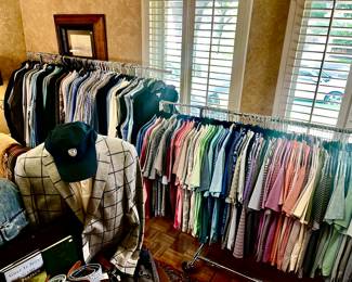 LARGE QUANTITY AND VARIETY OF PETER MILLAR AND HARLESTON NEW WITH TAGS AND SOME PRE-WORN. SIZES MEDIUM TO XL.