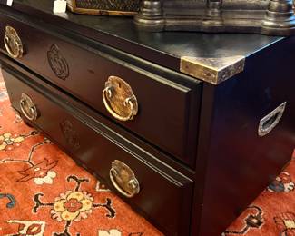 HENREDON BLACK CAMPAIGN CHEST PERFECT FOR A COFFEE TABLE.