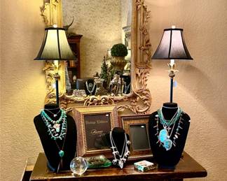 CHINESE CHEST, FANTASTIC PAGODA MIRROR. FINE JEWELRY, REMOVED DAILY.