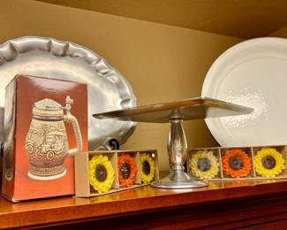 WILLIAMS SONOMA PEWTER STAND, ENAMEL LARGE TRAY.