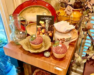 BUTCHER BLOCK FULL OF ITALIAN PIECES, VIETRI ACORNS.