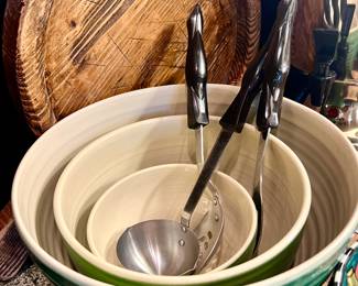 LOVE TH GREEN MIXING BOWLS, WOODEN CHARCUTERIE BOARD, AND CUTCO UTENSILS.