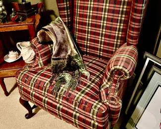 PRETTY PLAID WINGBACK CHAIR.