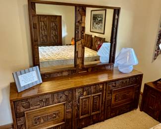 Paul Evans 1970's Lane Furniture Pueblo Brutalist Style Dresser with double mirror