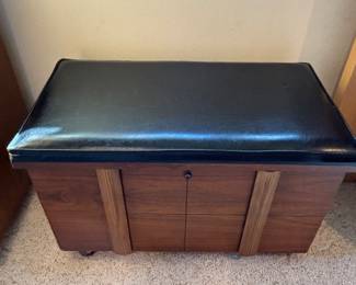 Lane Altavista Mid Century Rolling Records Cabinet, Storage Chest and Bench with padded seat. Measures 27.5" in width, 16" in depth and 18.75" in height