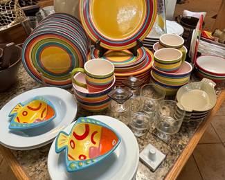 Pier 1 Summer Stripes dinnerware and Williams Sonoma Basics dinner plates 8 and Pasta  serving bowl and loads of kitchen items