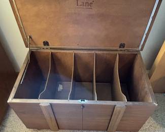 Lane Altavista Mid Century Rolling Records Cabinet, Storage Chest and Bench with padded seat. Measures 27.5" in width, 16" in depth and 18.75" in height