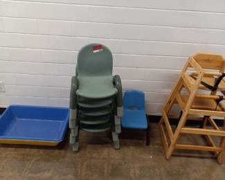 (6) Children's Chairs (2) High Chairs And Toy Bins