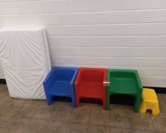(3) Dual Height Kids Plastic Chairs (2] Step Stools And (2) Mattresses