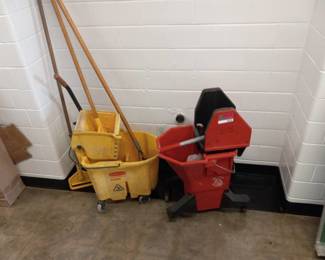 (2) Commercial Mop Buckets With 3 Mop Handles