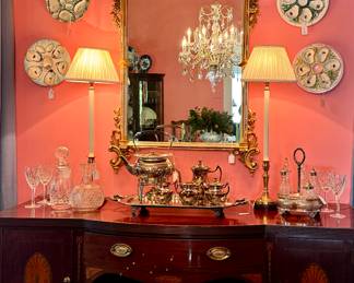 Antique inlay English sideboard,  Silverplate Coffee Service, Waterford, cut Crystal decanturs...