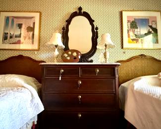 Marbletop dresser, Alabaster lamps, Cane twin beds