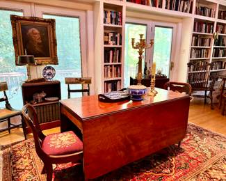 Portraits! Stunning drop leaf table (with $4,000 tag on it) ,  Handpainted chairs, turn of the century needlepoint chairs, French candelabras, so many blue and white pieces...