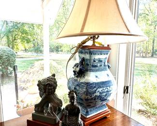 Foo Dogs, old boxes, Heckman Table, Asian blue and white lamps...