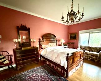 Antique Queen Bed, Marble top dressers,  custom loveseat, swivel chair...