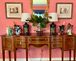 Hickory Chair Huntboard, tole lamps, etchings from the 1800's, Gilt mirror...