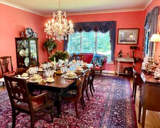 Antique Mahogany dining table with 4 leaves, stunning set of needlepoint dining chairs, palace size Persian Rug, Hickory Chair huntboard, Bow front Curio cabinet, Tole Lamps, Brass buffet lamps...