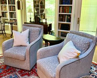 Pair of like new swivel chairs, palace size antique hand knotted rug