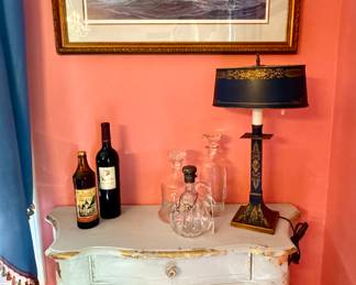 Tole lamp, crystal decanturs, super cute wooden side table in soft blue with gilt accents....