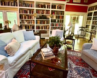 Sherrill coffee table, slipcovered sofa and chair, windsor chairs and ...did I mention SOO MANY RARE OLD BOOKS!