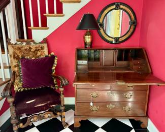 Antique carved chairs, stunning secretary, brass lamps, designer mirrors