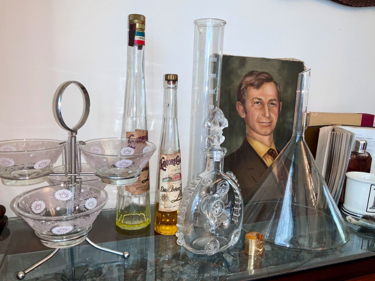 Vintage,  chemistry equipment, vintage hostess set, Baccarat decanter, vintage oil paintings