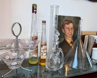 Vintage,  chemistry equipment, vintage hostess set, Baccarat decanter, vintage oil paintings