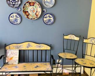 Mosaic setee, mosaic bar stools, matching table