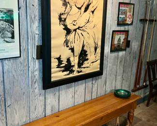 Pine bench, Freda Miller Black ink art.  Riverview Park, framed tickets 