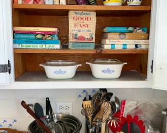 Utensils, mixing bowls, cook books, 
