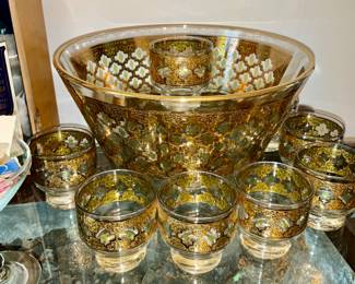 Vintage, MCM. Culver Valencia, green and 22kt, punch bowl w/ 11 glasses