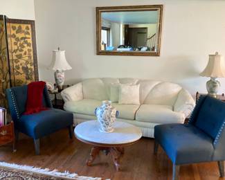 Clamps shell back, sofa. Blue armless slipper chairs , Eastlake coffee table, Asian Jar & vase lamps,  Asian screen