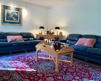 Hancock & Moore, 3 cushion sofas, 2 matching, Navy blue. Link Taylor butler table,  8'x12' area rug 