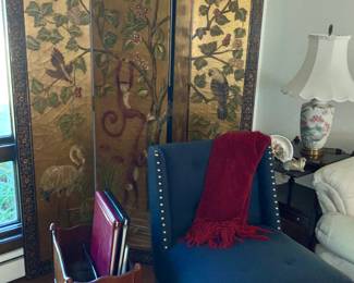Slipper chairs, vintage magazine rack, Asian screen, Asian vase lamps