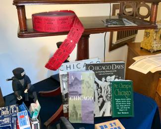 Vintage book table,  Chicago books,  office supplies