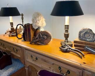 Link Taylor, Jacobean console w/ 2 benches, antique pine, console table, antique books, primitive tools, brass lamps, 