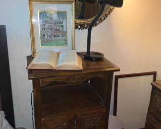 Side table, books, art, mirror