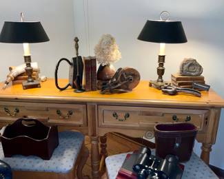 Link Taylor, Jacobean console w/ 2 benches, antique pine, console table, antique books, primitive tools, brass lamps, 