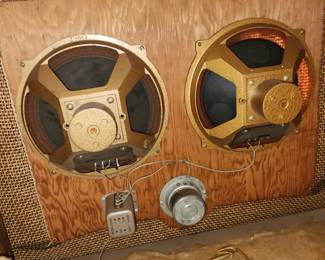 MCM speaker cabinet/shelving unit. Has 2 Stentorian model Z6662 speakers (Google them)